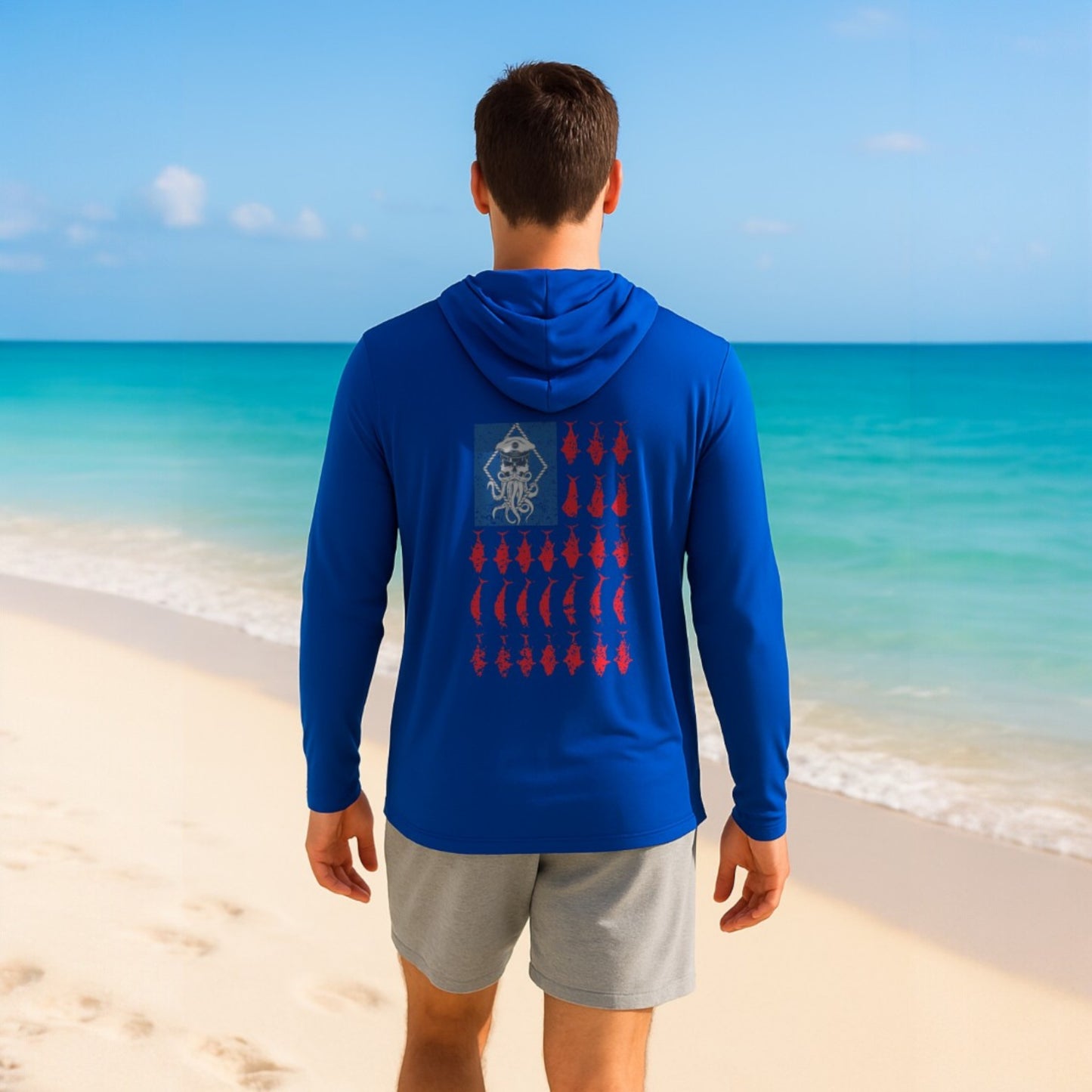 SALTY WEAPON HOODED UV SHIRT – PERFORMANCE SUN HOODIE WITH AMERICAN FLAG COASTAL DESIGN (5 COLORS)