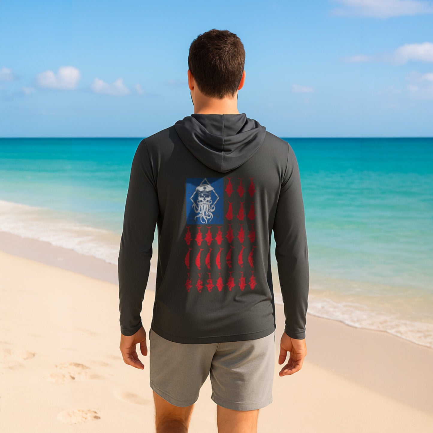 SALTY WEAPON HOODED UV SHIRT – PERFORMANCE SUN HOODIE WITH AMERICAN FLAG COASTAL DESIGN (5 COLORS)