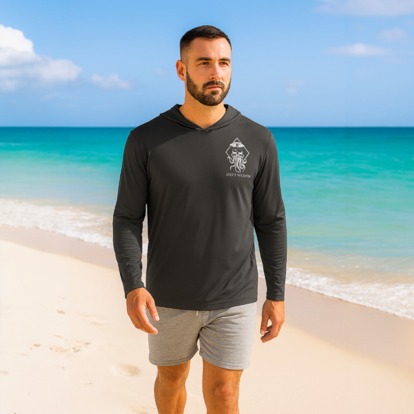 SALTY WEAPON HOODED UV SHIRT – PERFORMANCE SUN HOODIE WITH AMERICAN FLAG COASTAL DESIGN (5 COLORS)