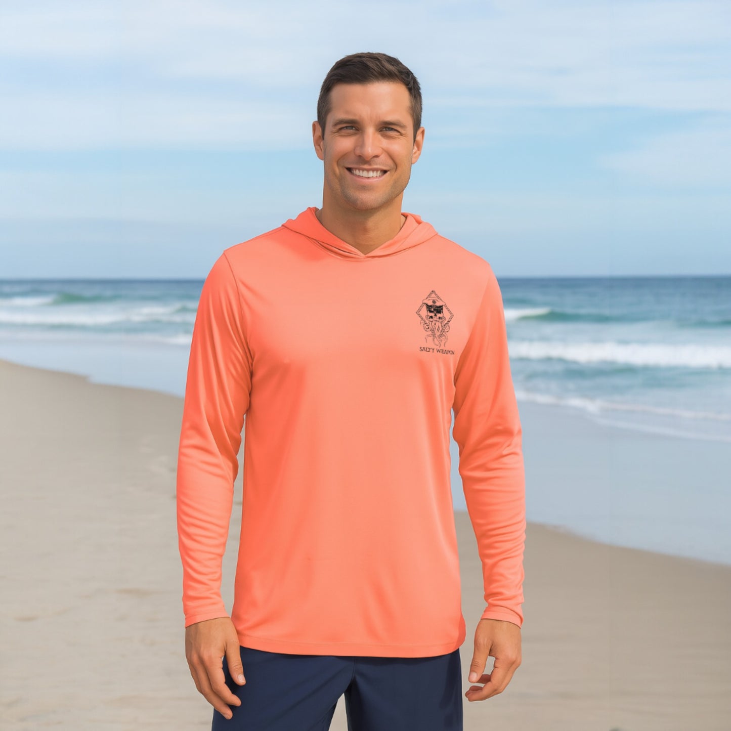 SALTY WEAPON HOODED UV SHIRT – PERFORMANCE SUN HOODIE WITH AMERICAN FLAG COASTAL DESIGN (5 COLORS)