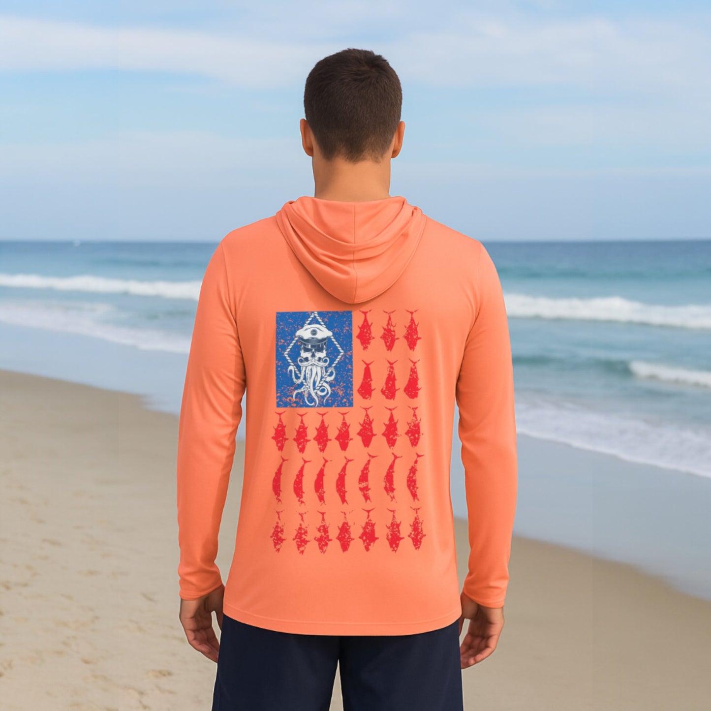 SALTY WEAPON HOODED UV SHIRT – PERFORMANCE SUN HOODIE WITH AMERICAN FLAG COASTAL DESIGN (5 COLORS)