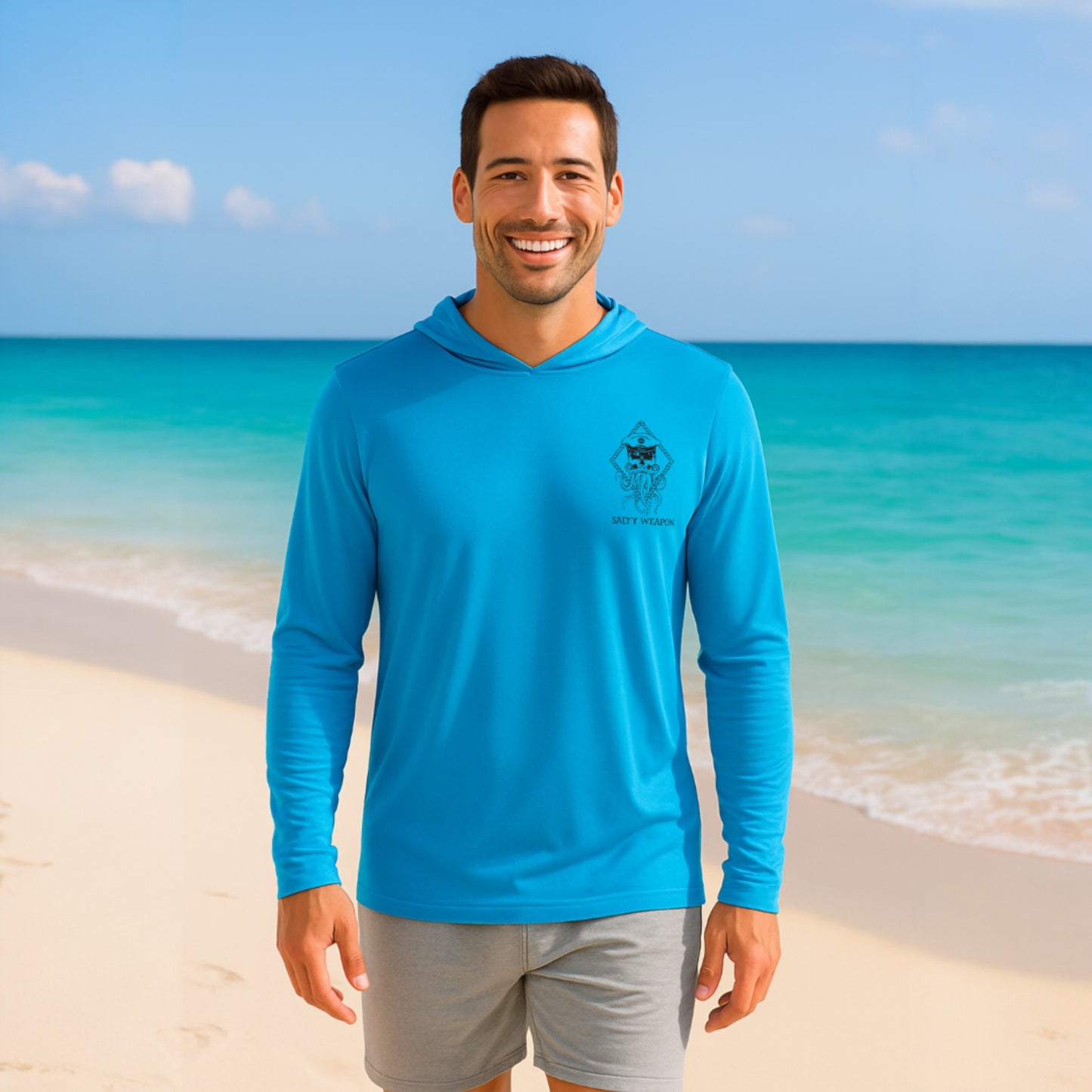 SALTY WEAPON HOODED UV SHIRT – PERFORMANCE SUN HOODIE WITH AMERICAN FLAG COASTAL DESIGN (5 COLORS)