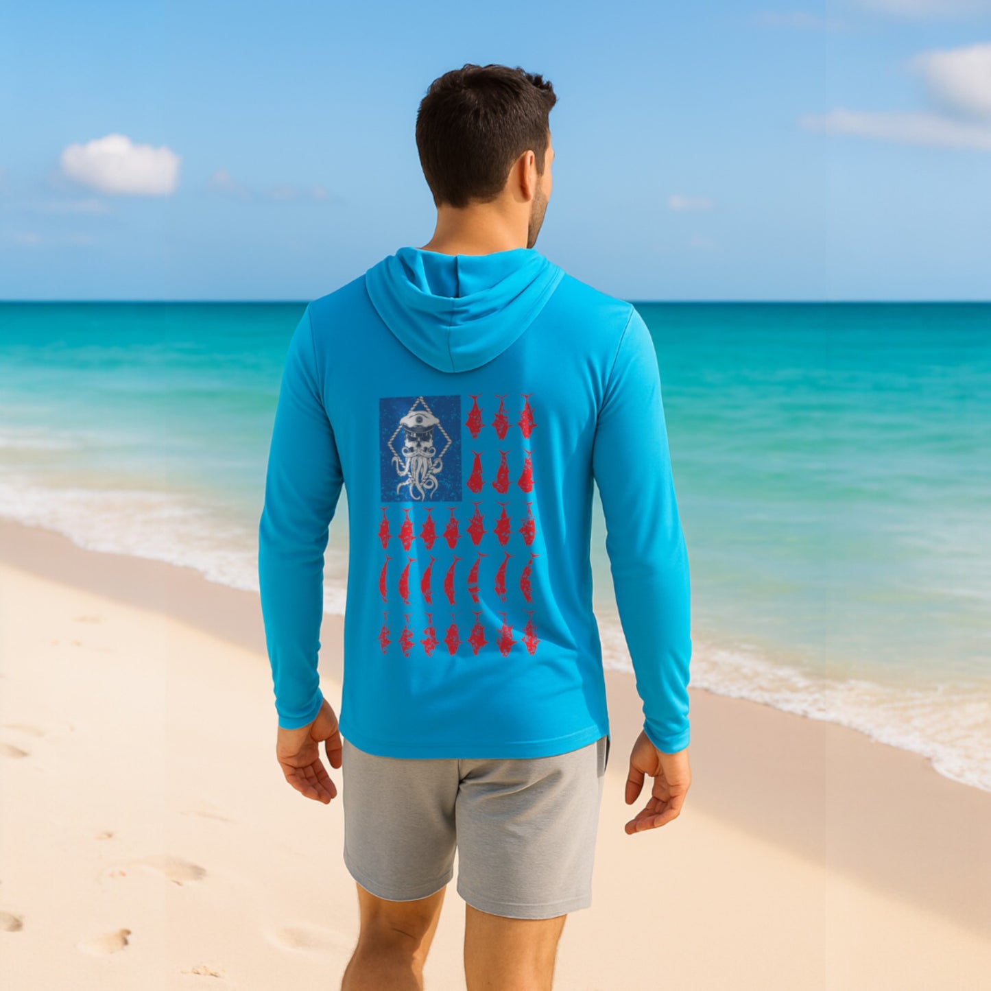 SALTY WEAPON HOODED UV SHIRT – PERFORMANCE SUN HOODIE WITH AMERICAN FLAG COASTAL DESIGN (5 COLORS)