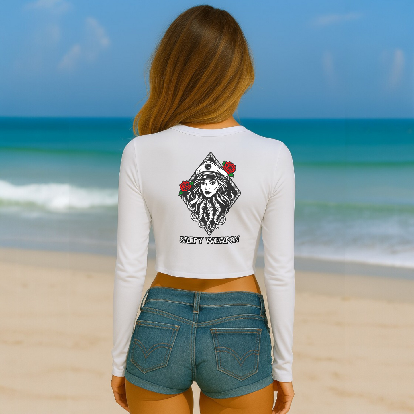 SALTY WEAPON WOMEN’S LONG SLEEVE CROP TOP – COASTAL LIFESTYLE TEE WITH NAUTICAL LOGO (2 COLORS)