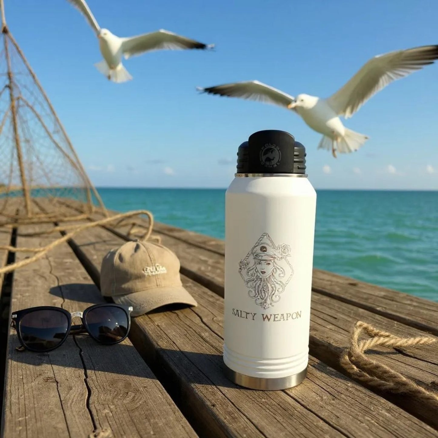 SALTY WEAPON WOMEN’S INSULATED TUMBLER – 32OZ STAINLESS STEEL WATER BOTTLE WITH COASTAL LOGO (2 COLORS)