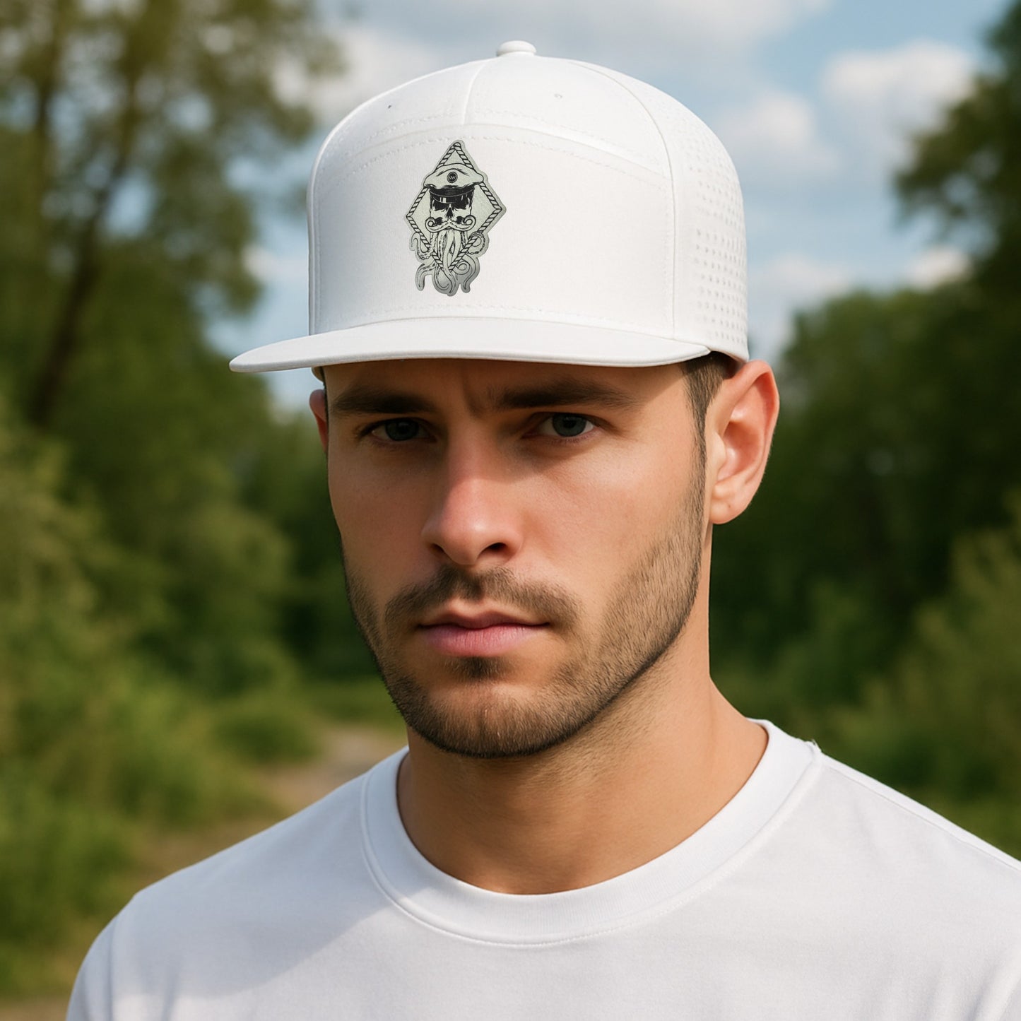SALTY WEAPON 7-PANEL TRUCKER HAT – WATER-RESISTANT COASTAL PERFORMANCE CAP WITH WHITE NAUTICAL LOGO (3 COLORS)