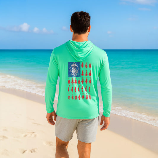 SALTY WEAPON HOODED UV SHIRT – PERFORMANCE SUN HOODIE WITH AMERICAN FLAG COASTAL DESIGN (5 COLORS)