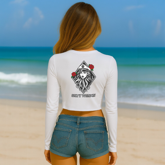 SALTY WEAPON WOMEN’S LONG SLEEVE CROP TOP – COASTAL LIFESTYLE TEE WITH NAUTICAL LOGO (2 COLORS)